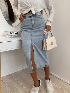 Юбка джинсовая миди карандаш с разрезом спереди